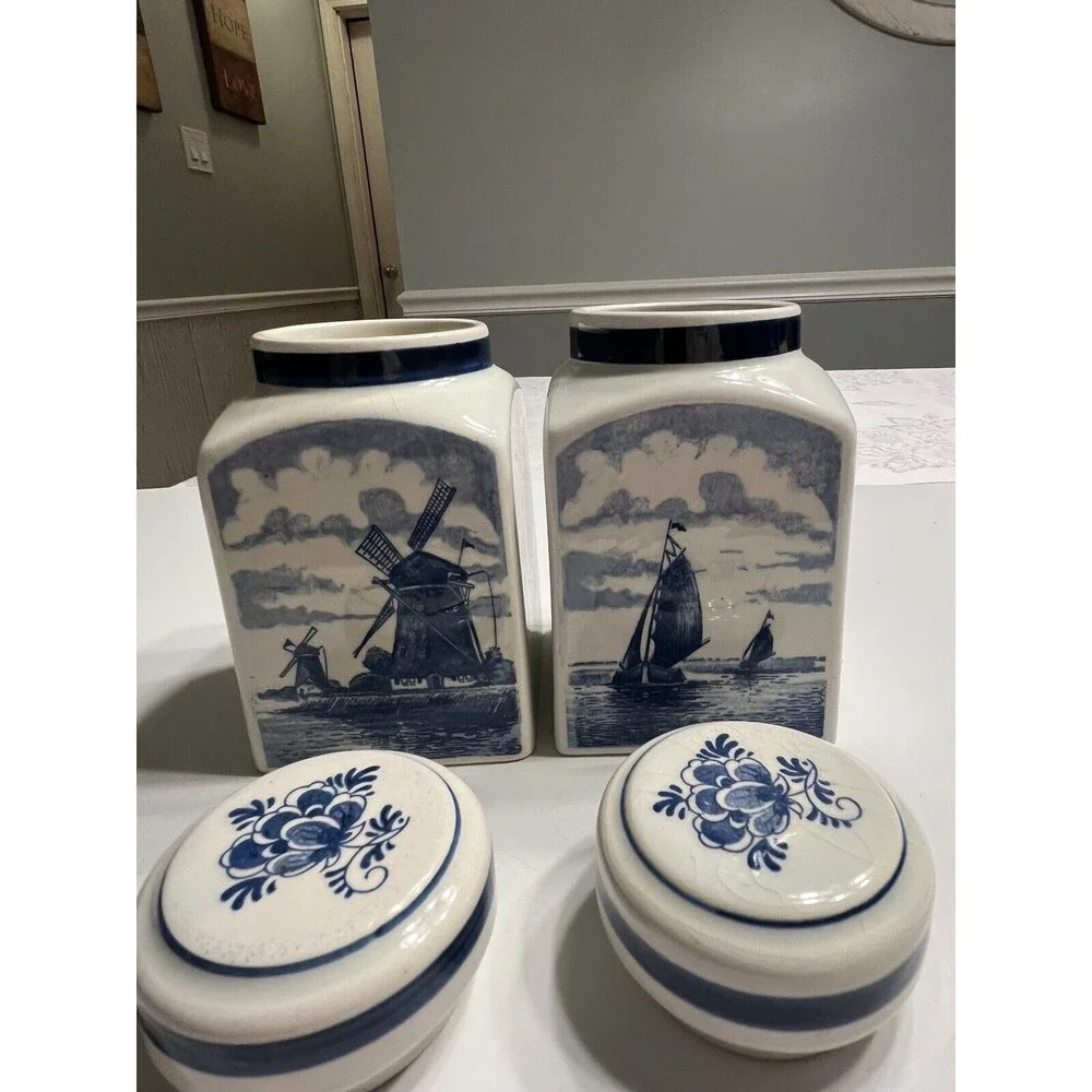 Pair of Delft Blue White Lidded Jars Spice Vanity Windmill Sailboat
